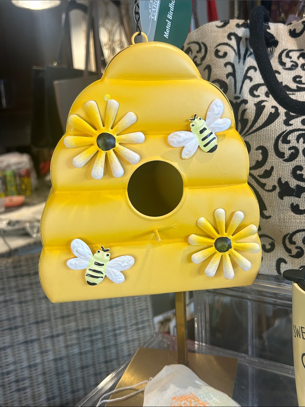 Yellow Bee Hive Metal Birdhouse Set with Ceramic Mug/Chai Tea & Canvas Tote NWT - Picture 3 of 6